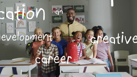animation of education words over african american male teacher and pupils with fire extinguisher