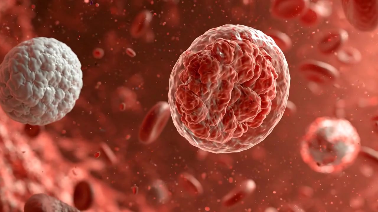 Microscopic immune cells surrounded by red blood cells in a bloodstream