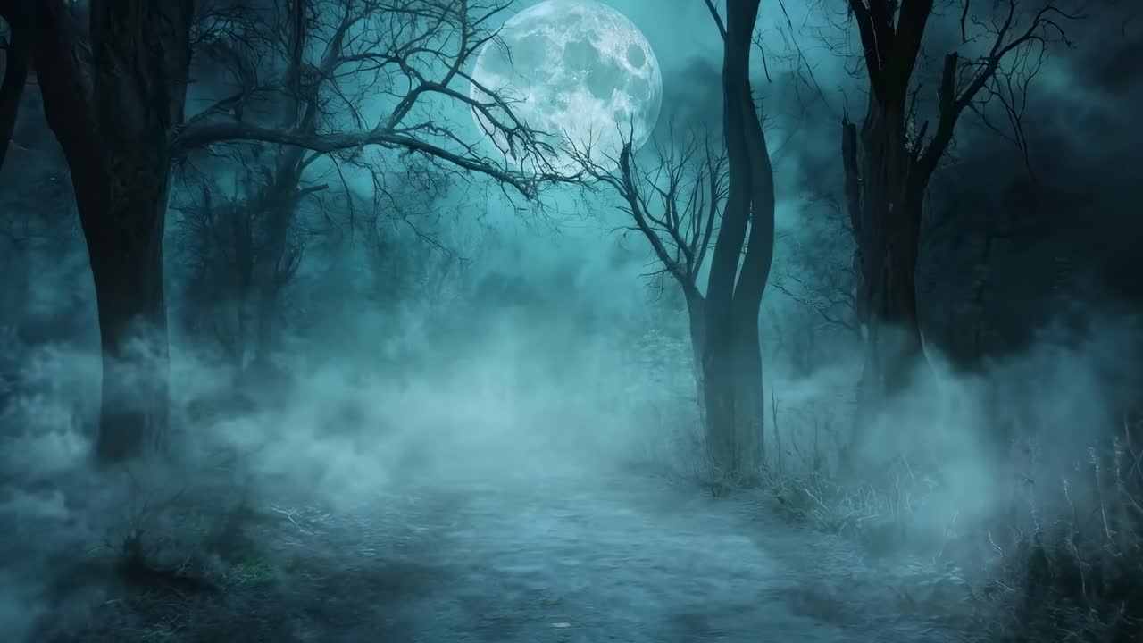 Eerie forest scene with fog and a full moon, captured from a low angle