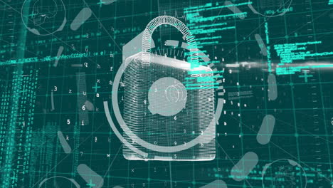 digital animation of neon security padlock icon and data processing against green background