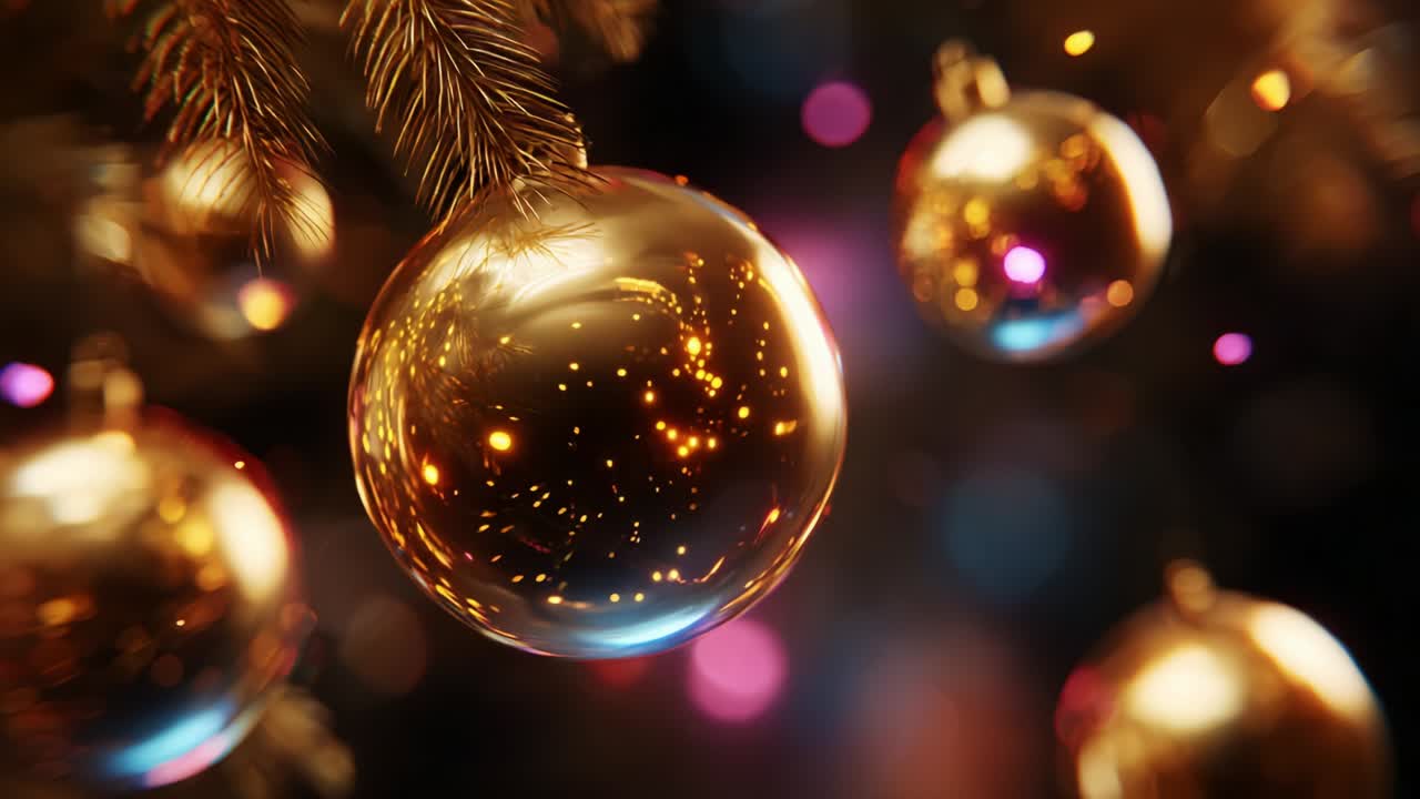 Decorazioni luminose che riflettono la luce di un albero di Natale, catturando la magia delle decorazioni festive con scintillii delicati, colori vivaci e un'atmosfera incantevole, perfette per festeggiamenti e gioia stagionale