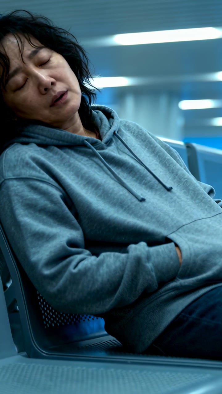 Middle-aged Asian woman sitting slumped in perforated metal seats, dozing during long transit wait
