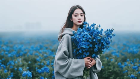 woman with blue flowers in a field