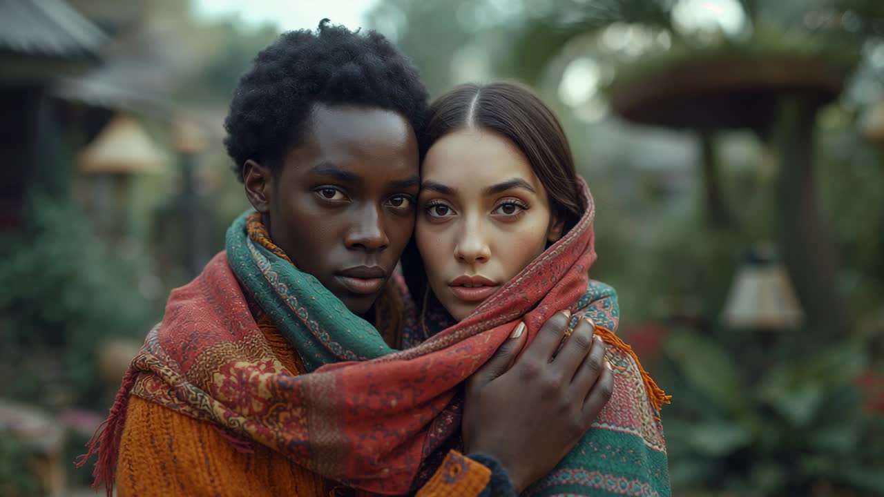 After turning under shawl in garden, couple exchanging soft temple kiss with joyful forehead touch