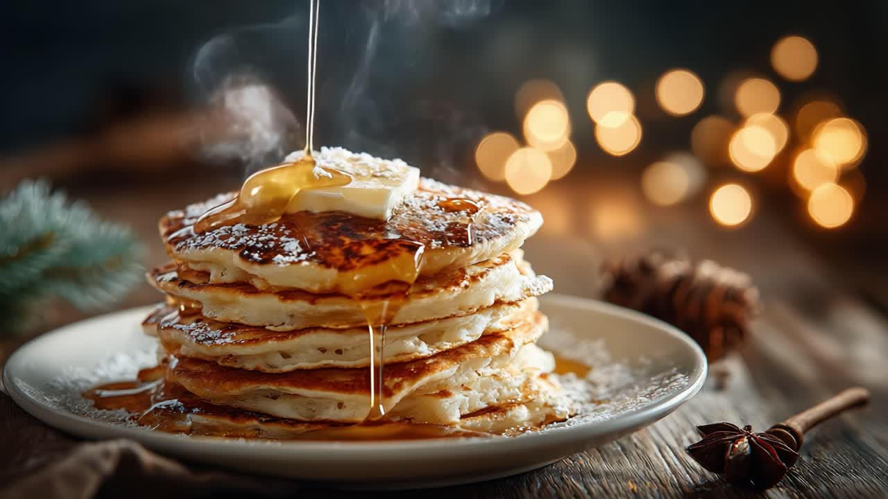 Delicious Stack of Fluffy Pancakes with Melting Butter and Maple Syrup Drizzling Down, Surrounded by Warm Bokeh Lights Creating a Cozy Breakfast Atmosphere