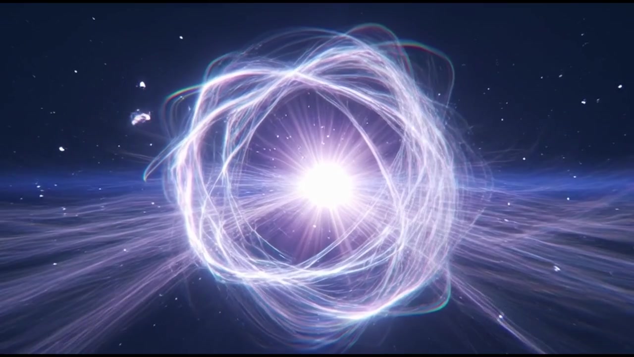 Animazione astratta di particelle di luce luminose che formano una struttura atomica
