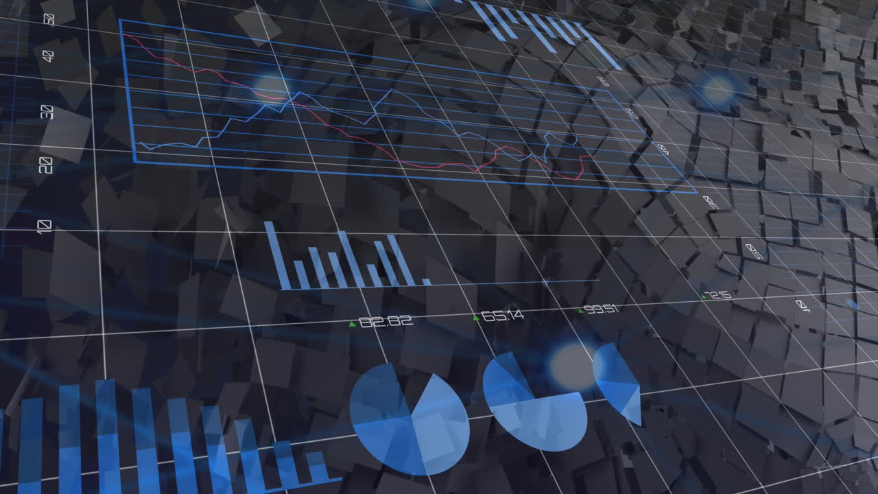 animación de diversos datos y gráficos en una pantalla digital