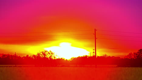 amazing time lapse shot of the burning red sun rising behind the lush fields and trees in the summer