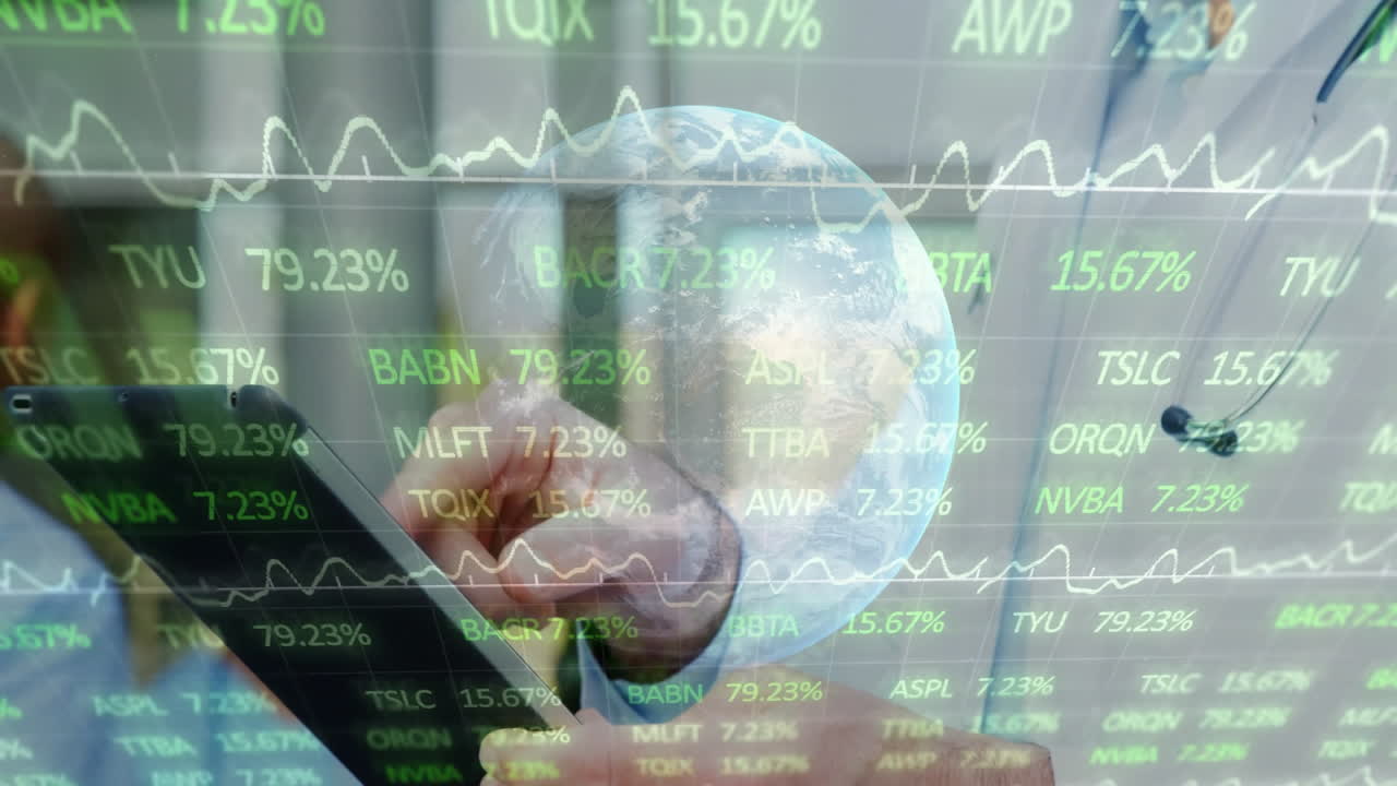 Using smartphone with stock market data and graphs overlaying globe background