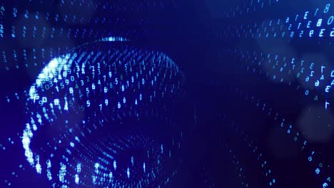 fondo de bucle 3d, concepto de procesamiento de datos digitales, cálculo y visualización de la computación. contadores de números en filas de líneas en esferas. información digital azul bg con números. bg de ciencia ficción.