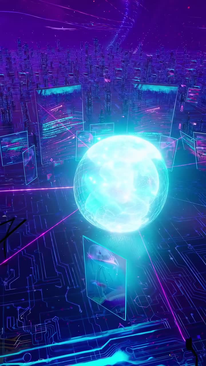 Futuristic video concept with a top-down angle, showcasing a digital globe and screens