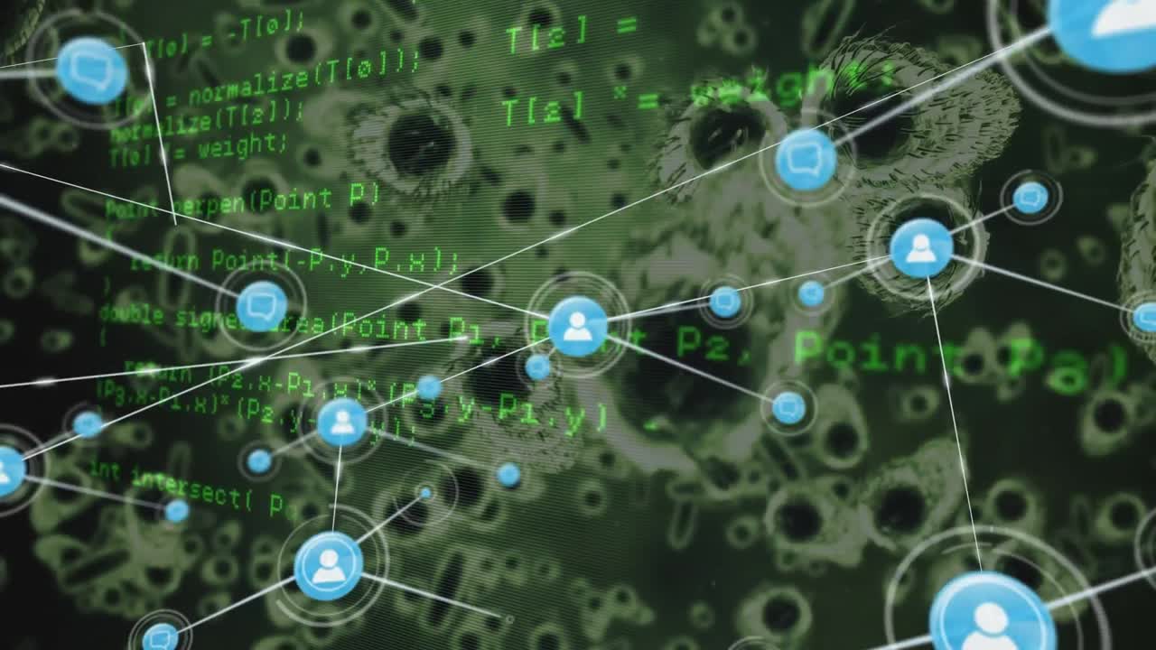 animación de la red de conexiones con iconos de medios sobre las células del virus