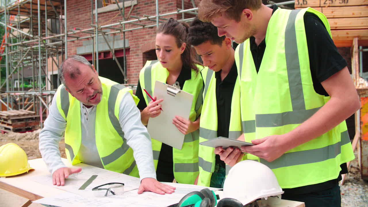 Builder On Building Site Discussing Work With Apprentices