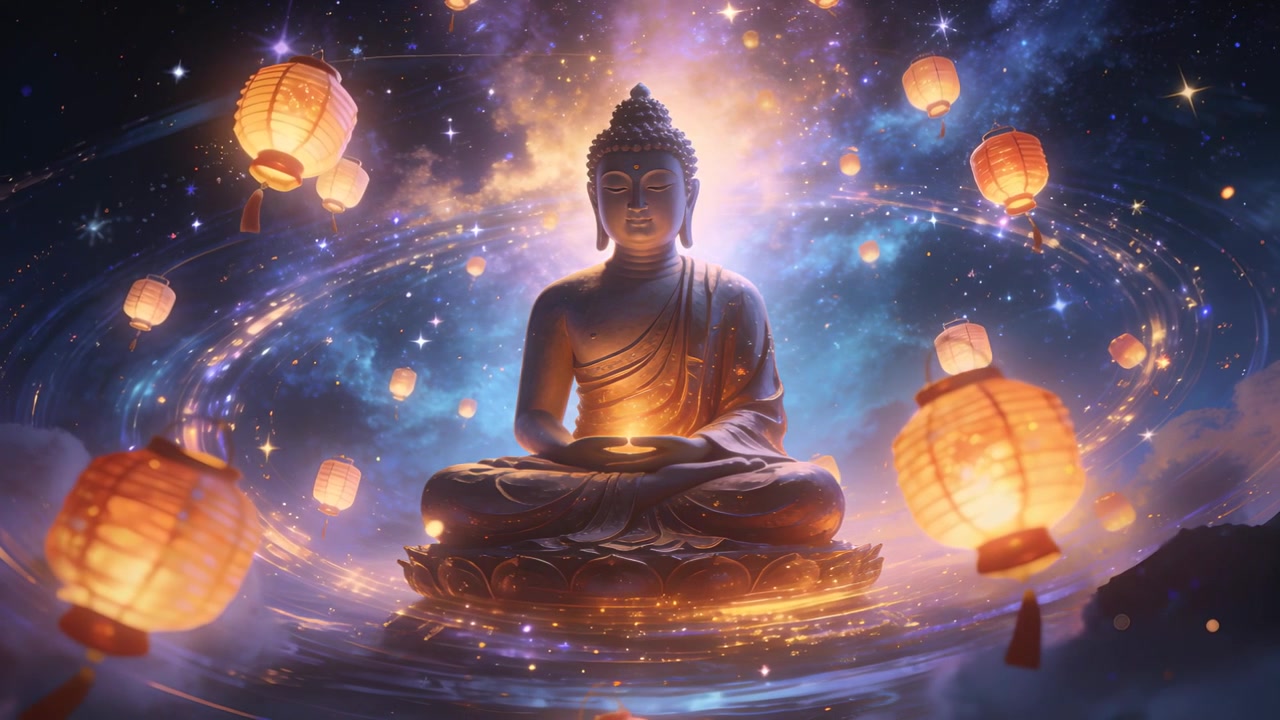Lanterne votive che salgono nel cielo notturno, creando un anello di luce attorno a un Buddha seduto che tiene una ciotola.