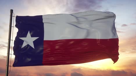 flag of texas waving in the wind against deep beautiful sky at sunset