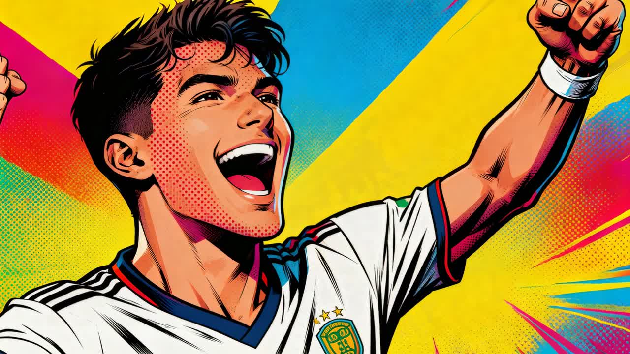 Telecamera con zoom che mostra un giocatore che festeggia, esultando e alzando i pugni in raggi pop art, con la maglia.