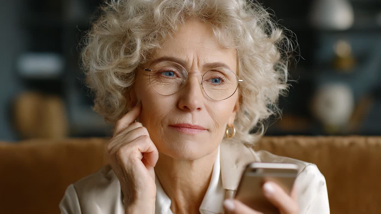 A Thoughtful Older Woman Contemplates While Using Her Smartphone, Expressing Curiosity and Engagement in a Modern Digital World