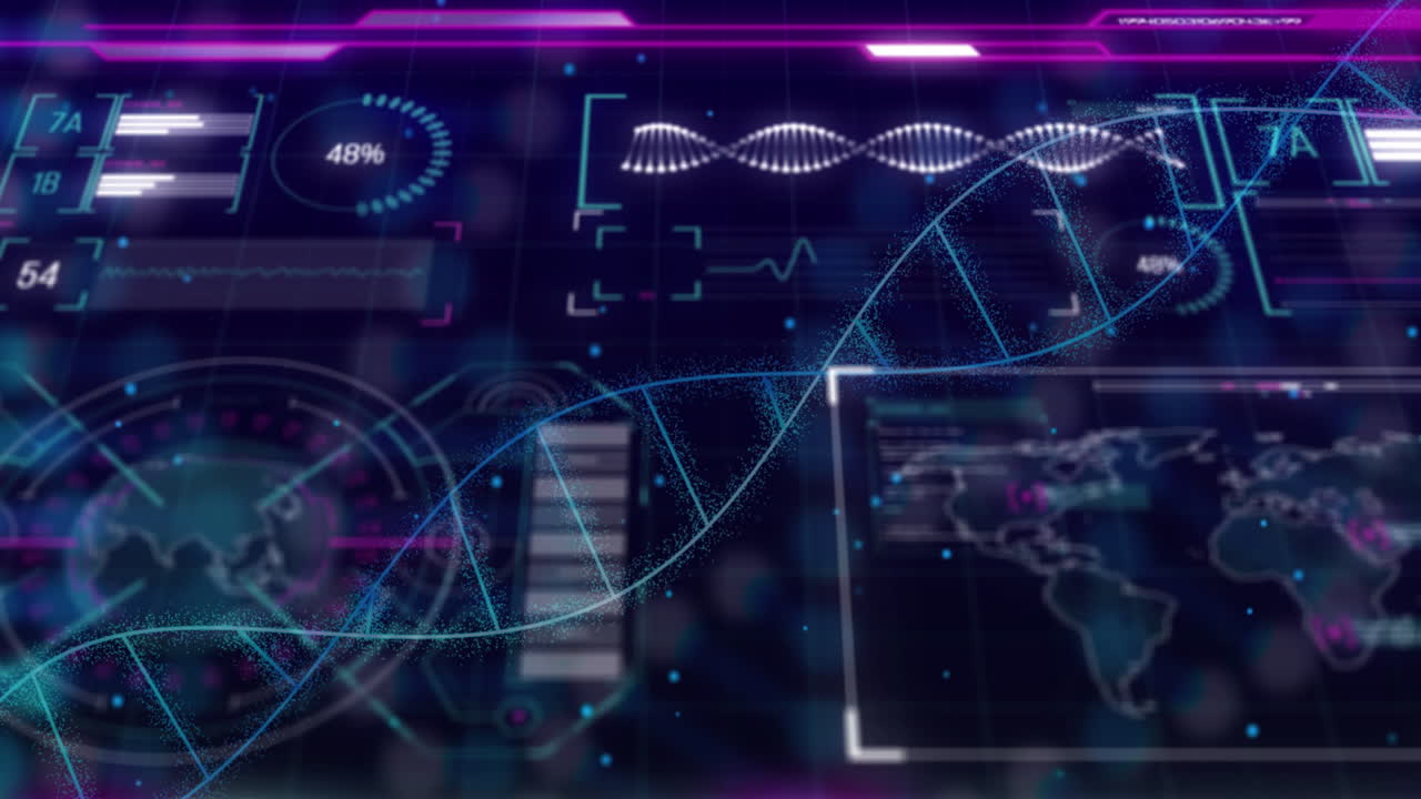 animación de la cadena de adn sobre el procesamiento de datos en fondo negro