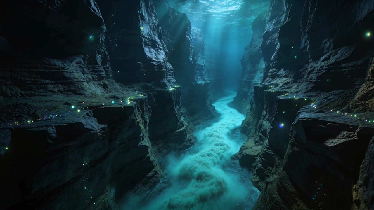Advancing camera revealing submerged canyon with winding turquoise plume and bioluminescent specks