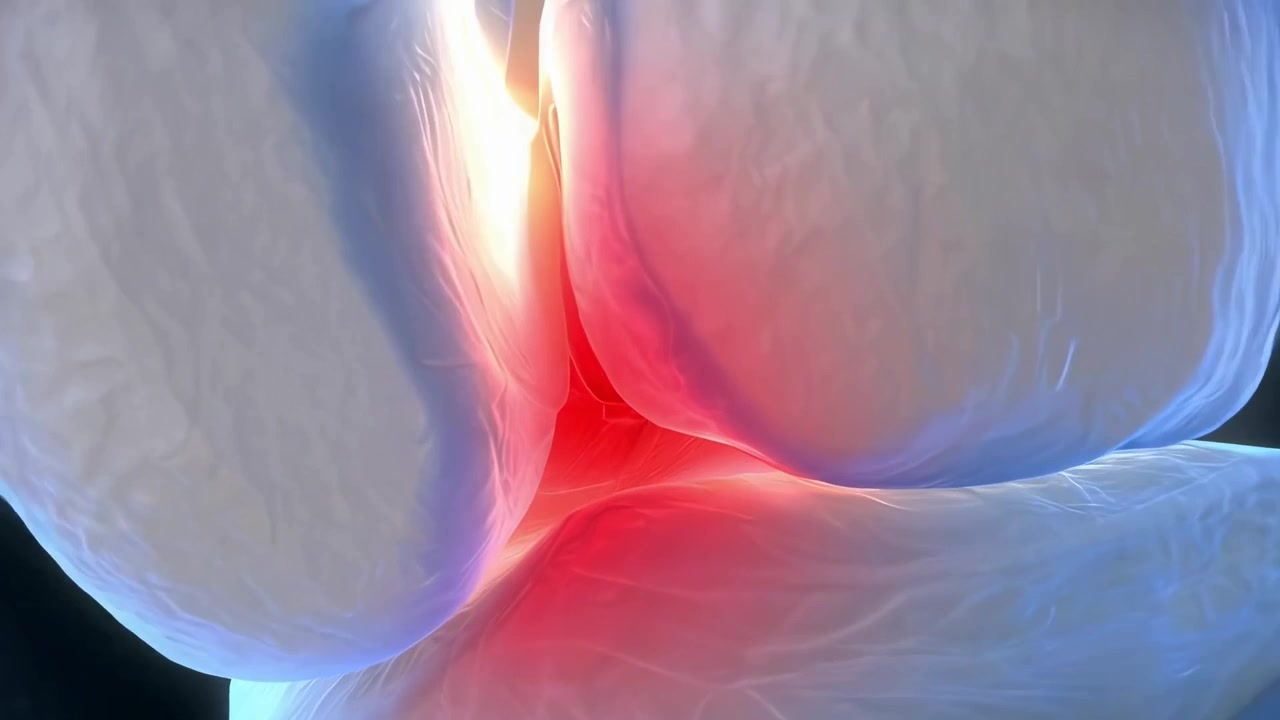 3D medicinsk animation af menneskeligt knæled med smerteindikation