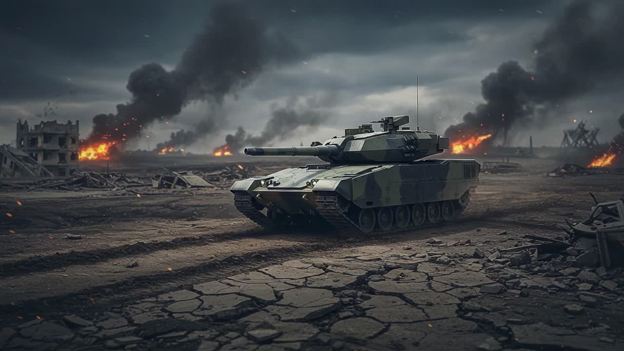 A powerful tank maneuvers through a war-torn landscape filled with smoke, destruction, and flames, showcasing military strength amidst chaos and devastation
