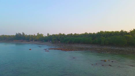 Coastline-rocky-shore-of-tropical-island-with-green-palm-tree