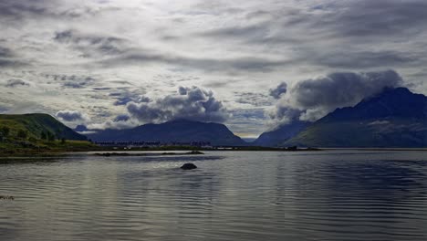 beautiful low angle panoramic view of the surroundings nearby and around the nappstraumen, one of the strongest tidal currents in lofoten islands, northern norway