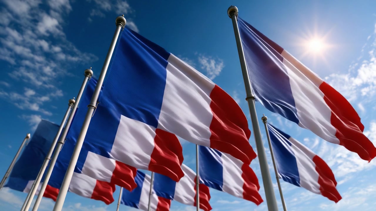 An Expansive View of French Flags Waving Elegantly Against a Bright Sky, Showcasing National Pride and Vibrant Colors in a Cultural Display.