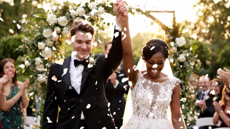 A Joyous Wedding Celebration: A Radiant Couple Exchanging Vows Amidst a Beautifully Decorated Venue Surrounded by Friends and Family, Capturing the Essence of Love and Happiness
