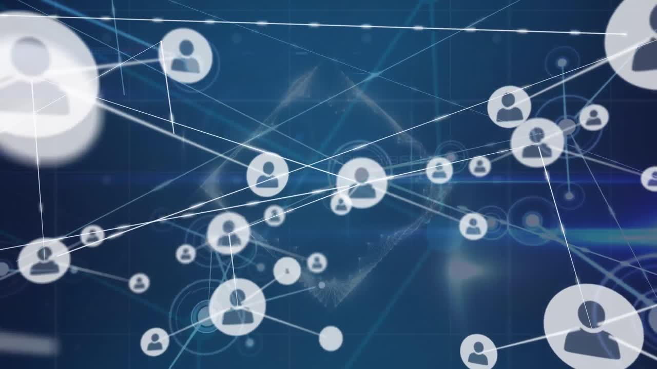 Animation of dots and profile icons connected with lines on abstract background
