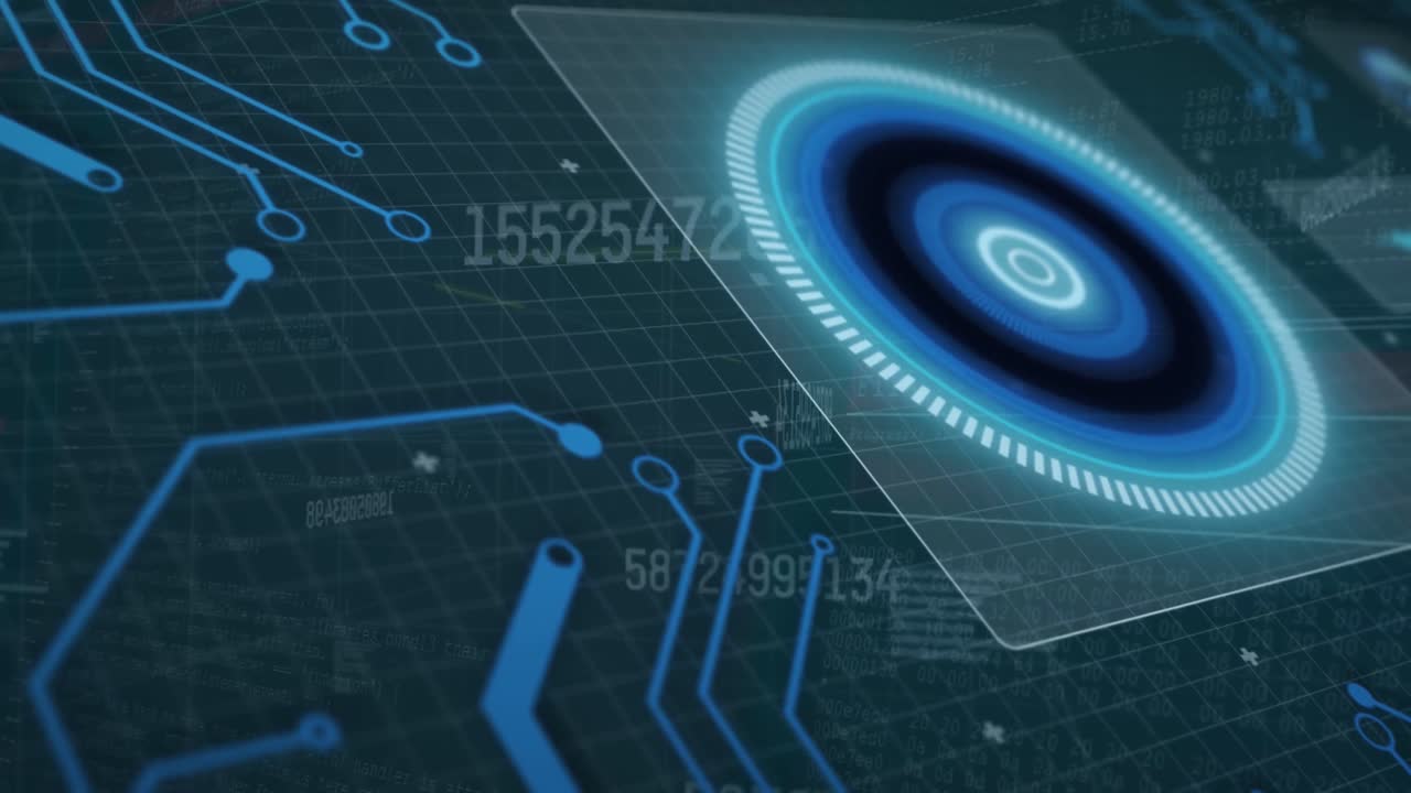 animación del procesamiento de datos, el escaneo de alcance y la placa de circuitos informáticos