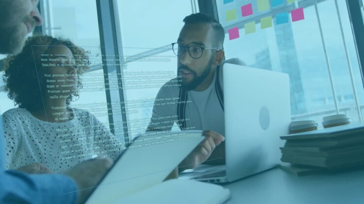 Animation of data processing over diverse business people in office
