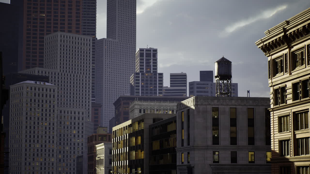 Urban skyline at dusk highlighting modern architecture and historic buildings