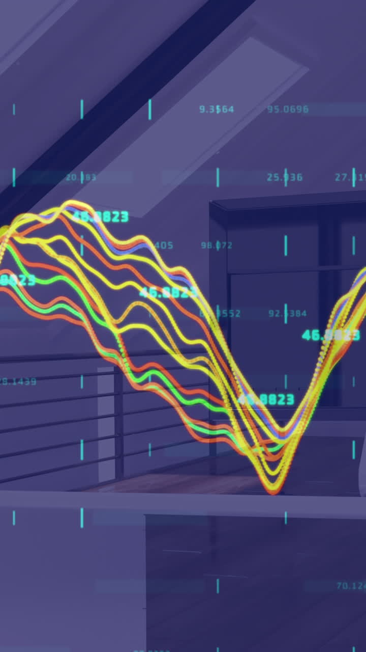 animación digital del procesamiento de datos financieros contra el modelo 3d de la oficina en el fondo