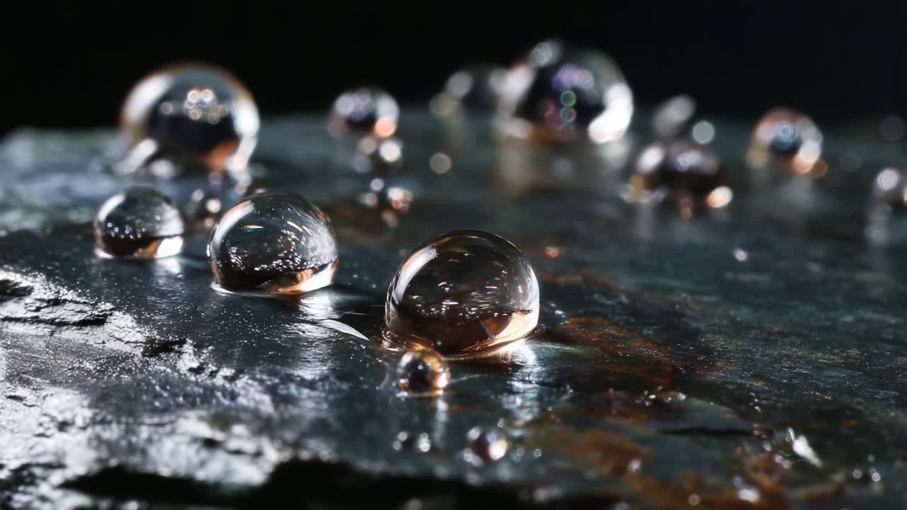 Macro Photography of Water Droplets on a Dark Slate Surface, Capturing the Reflections and Textures in a Stunning Close-Up, Highlighting Nature's Beauty