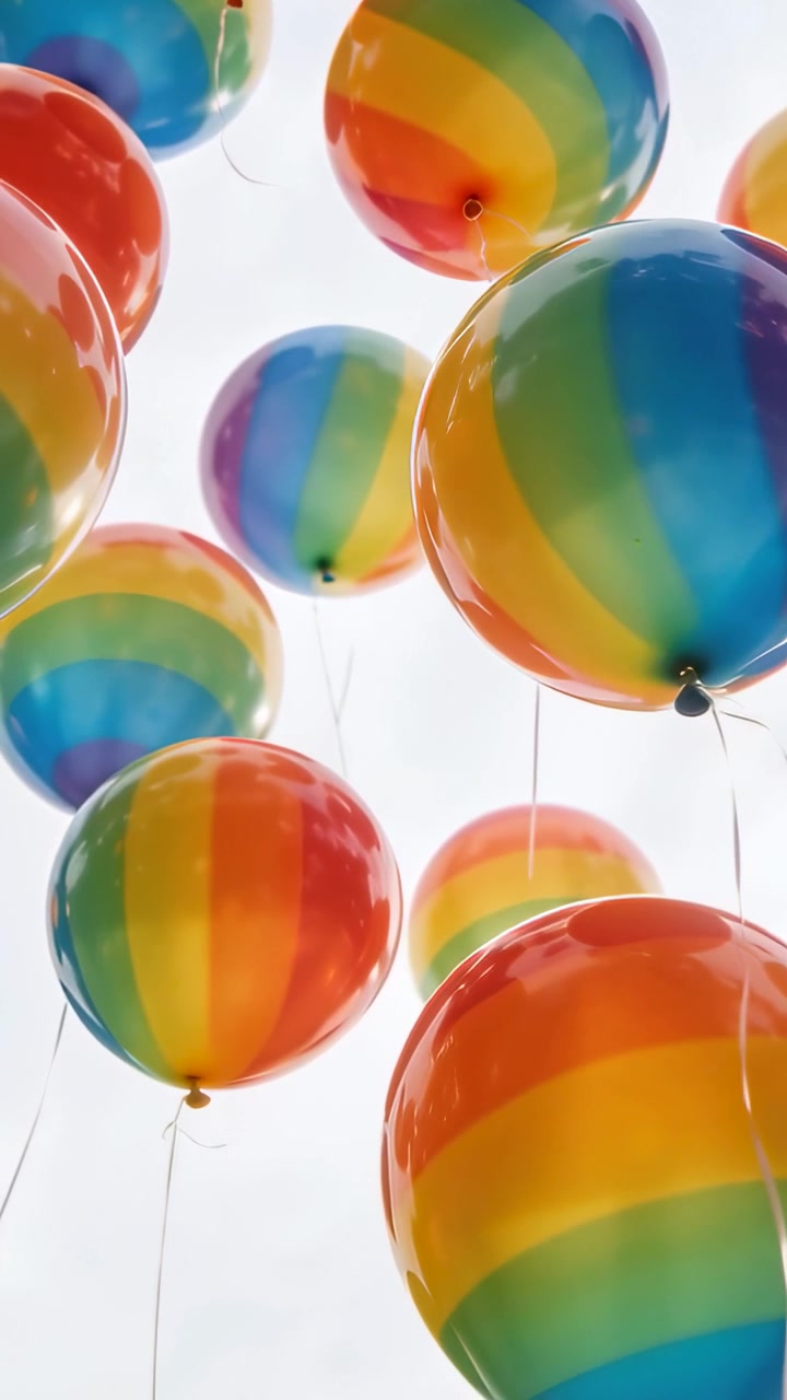 Video vertical: Globos de helio de arcoíris elevándose desde abajo, la brisa empujando las cuerdas contra el cielo pálido.