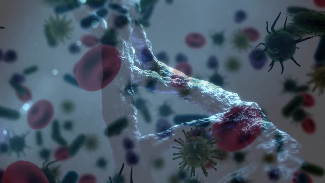 adn giratorio rodeado de células de virus y células de bacterias