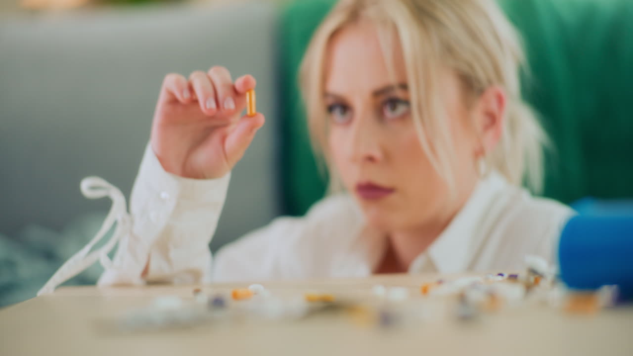 una chica adicta a las drogas toma pastillas.