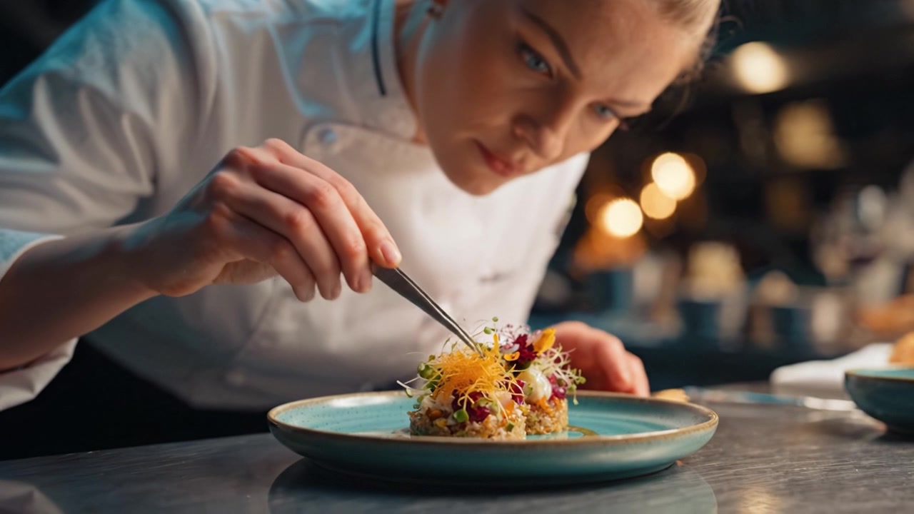 An Expert Chef Delicately Plating an Exquisite Dish in a Gourmet Kitchen, Showcasing Culinary Skills and Passion for Fine Dining Presentation