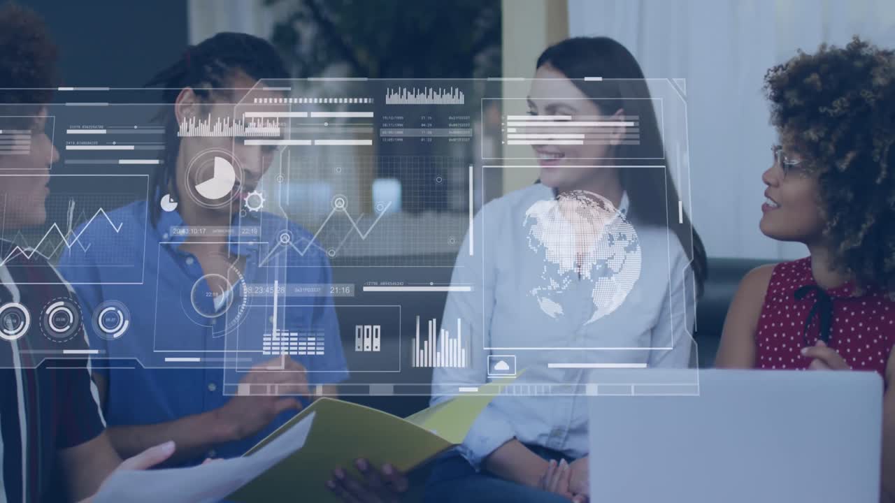 animación del procesamiento de datos sobre diversas personas de negocios en la oficina