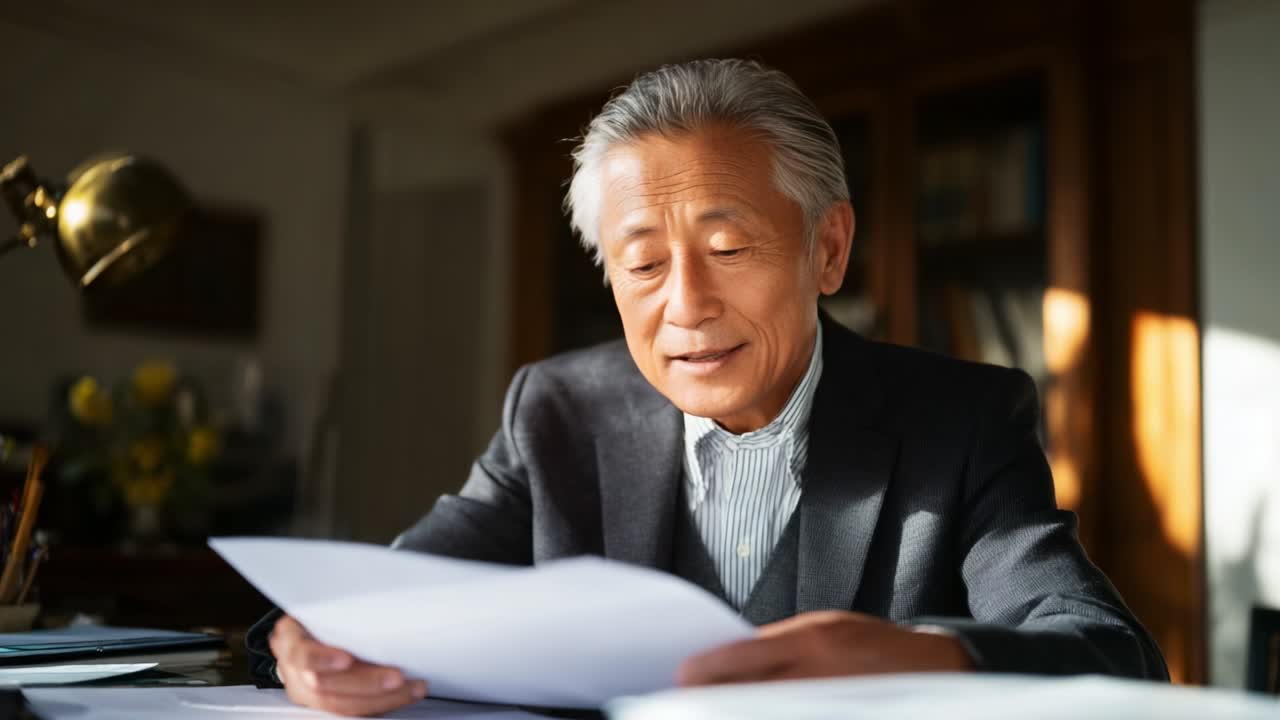 A thoughtful older gentleman engaged in reading documents in a well-lit office, showcasing wisdom and experience through his calm demeanor, all while situated in an inviting, organized environment filled with warmth