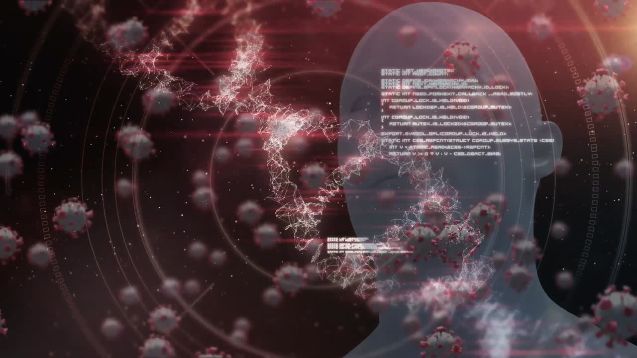 코로나19 세포에 대한 dna 구조 스핀링과 데이터 처리가 인간의 얼굴 모델에 대해 떠다니고 있습니다.