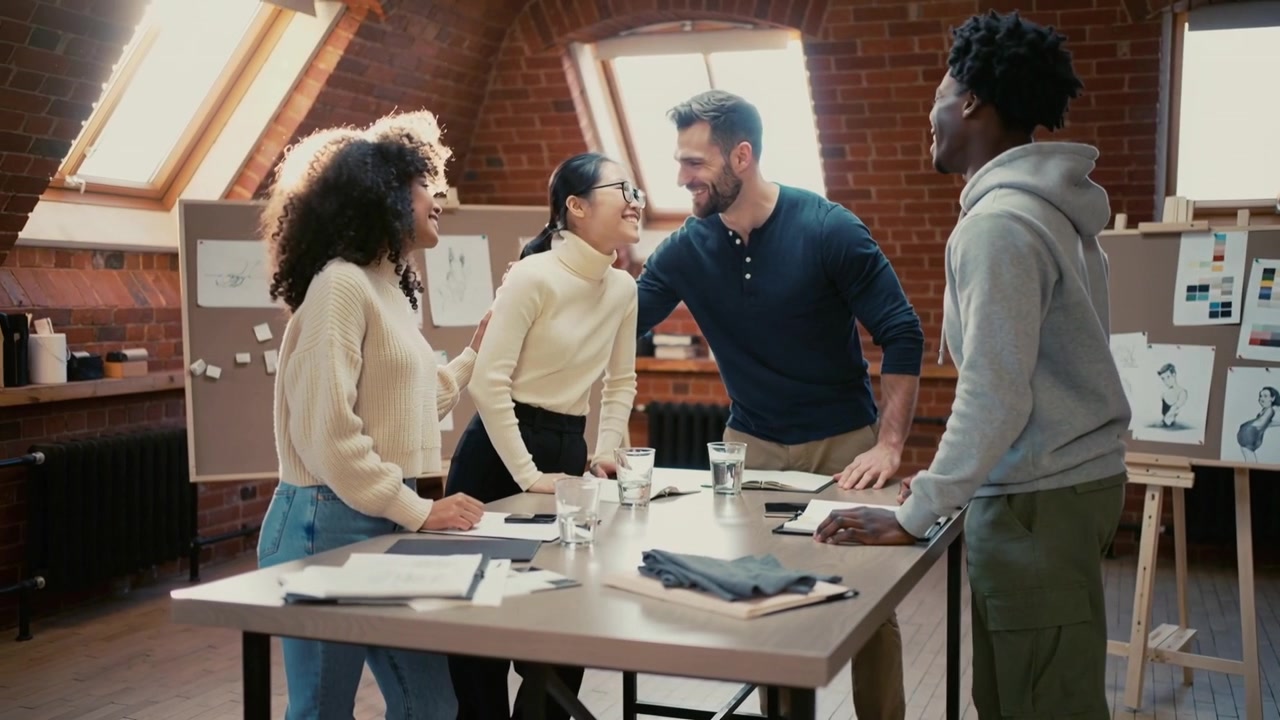 Leading man in navy henley placing glass, guiding colleagues reviewing sketches and fabric in loft