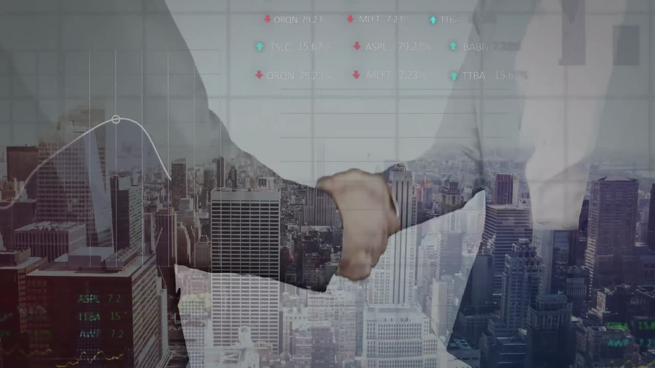 animación de estadísticas y procesamiento de datos sobre el apretón de manos de un empresario