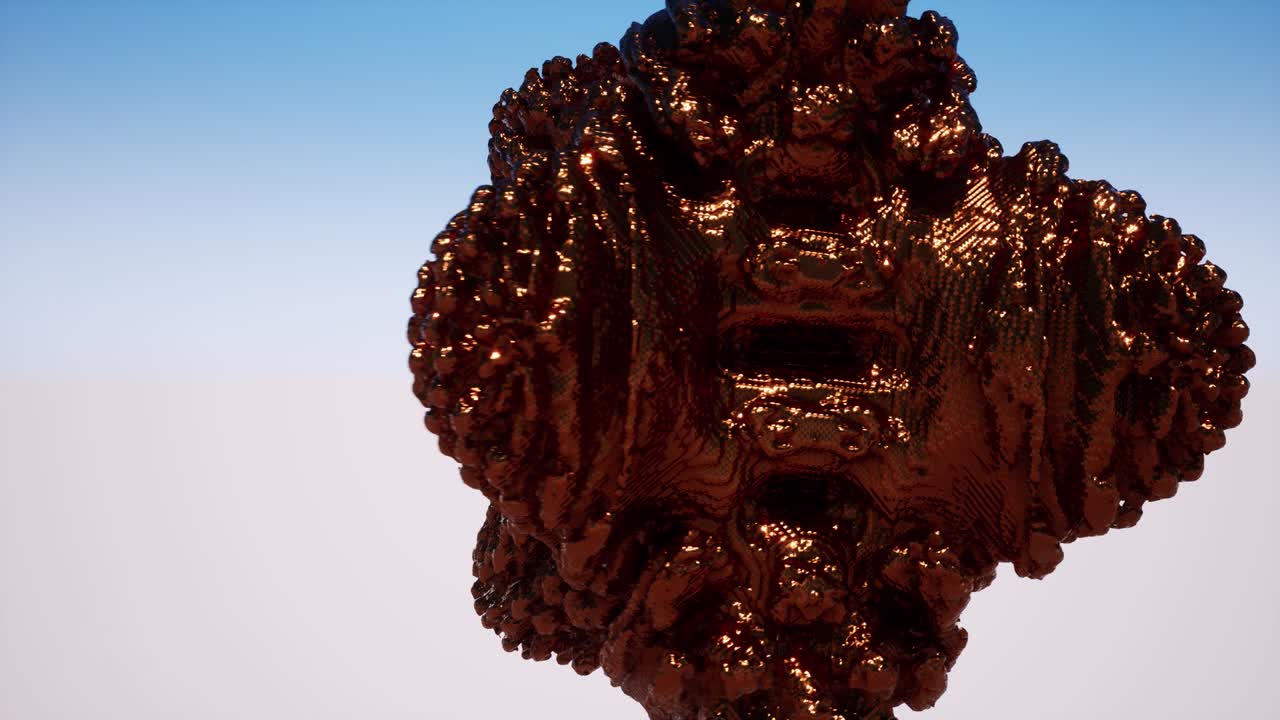 forma de bronce giratoria imágenes 3d abstractas. esfera futurista de metal brillante girando animación realista. efecto de movimiento de figura marrón. escultura flotante metálica en video de fondo de gradiente