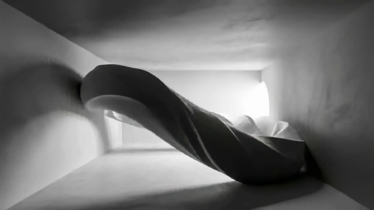 Shifting white twisted ribbon sculpture moving right inside white corridor, reacting to back light