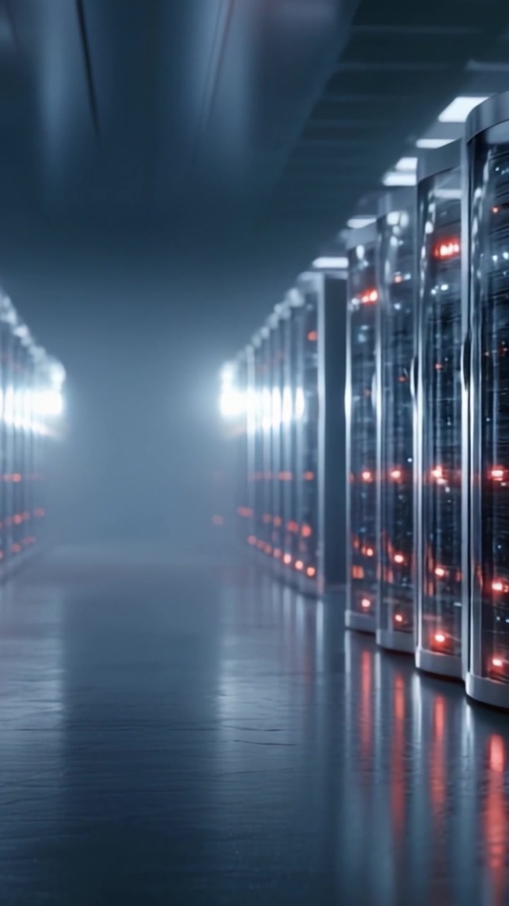 Una prospettiva visivamente sorprendente di un data center avanzato con server illuminati e un design elegante e moderno, che simboleggia il futuro della tecnologia e della connettività.