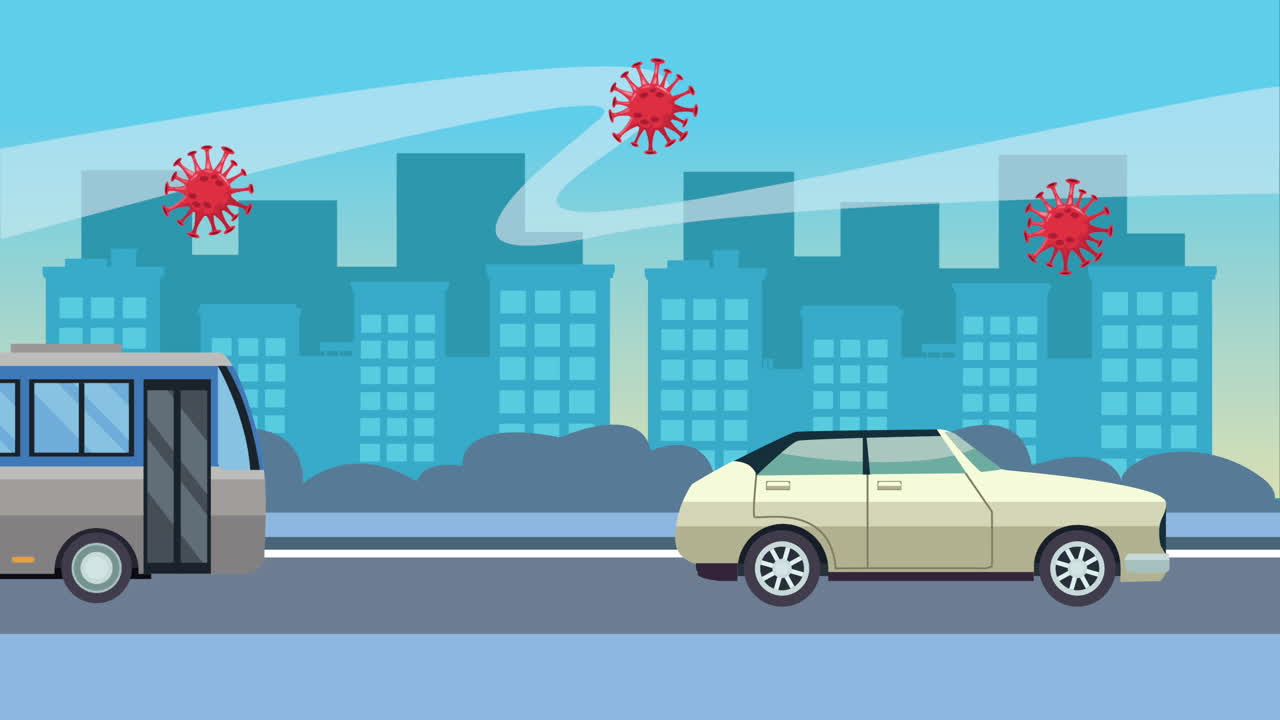 코로나 바이러스 입자가 있는 도로 도시 풍경 장면의 버스