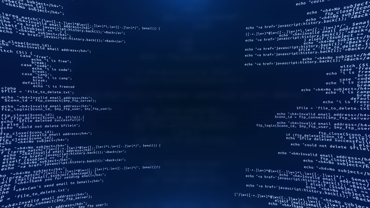 3d hacking code data flow stream on blue screen animation computer screen with encrypted fast typing