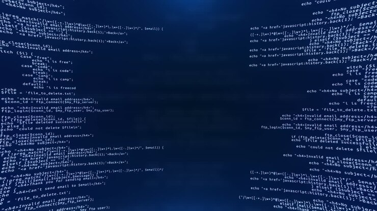 3D hackingcode datastroom op blauw scherm animatie computerscherm met versleuteld snel typen
